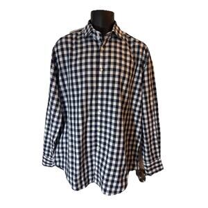 Jack Stone Thomas Dean Men Shirt Sz L Long Sleeve Button Navy Blue Gingham Plaid